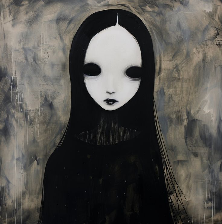 a painting of a woman with long black hair and white face, wearing an alien mask