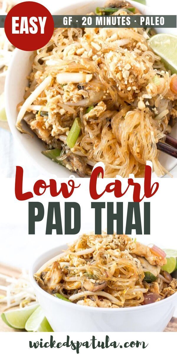 low carb paleo pad thai noodles in a white bowl with chopsticks