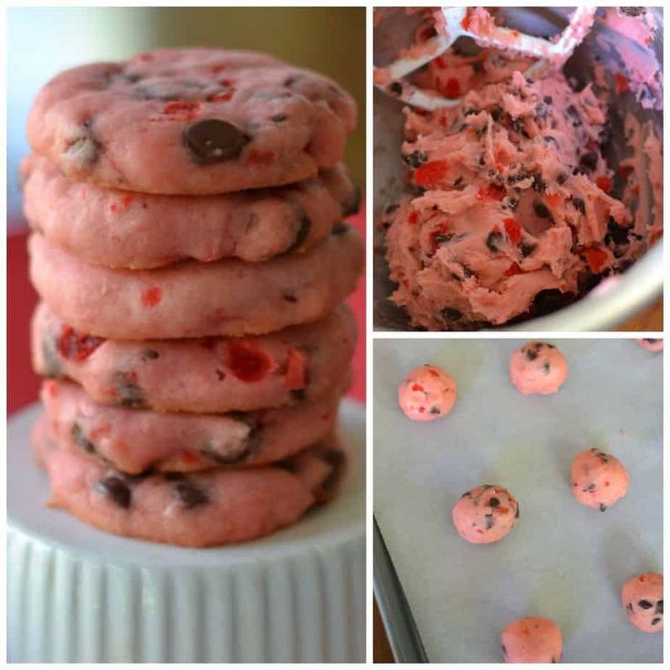 cookies and ice cream are shown in four different pictures, including one with chocolate chips