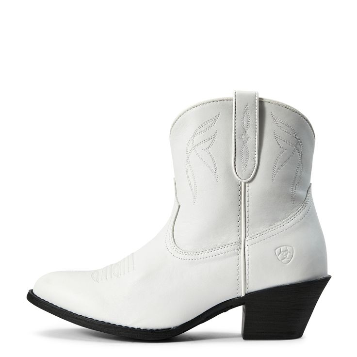 Take a shortcut to instant style with the Darlin. Made of handcrafted leather with a just-right heel, these booties add Western flair to whatever you pair them with (jeans, cutoffs, you name it). Darlin Western Boot | Product Features : 0 : 4LR™ lightweight stabilizing shank for support, 1 : Premium full-grain leather foot and upper, 2 : Removable All Day Cushioning insole, 3 : Duratread™ sole for maximum wear, 4 : Unique Western inspired stitching | Women's Darlin Western Boots in White Leather Western Ankle-high Booties Medium Width, Ankle-high Boots For Rodeo In Spring, Ankle-high Boots For Rodeo Spring Season, Ankle-high Boots For Spring Rodeo, Ankle-high Rodeo Boots For Spring, Ankle-high Boots With Stacked Heel For Rodeo, Western Ankle-high Heeled Boots With Reinforced Heel, Leather Round Toe Booties For Rodeo, Western Style Booties With Medium Width