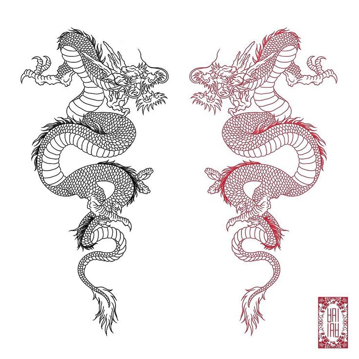 two red and black dragon tattoos on white paper