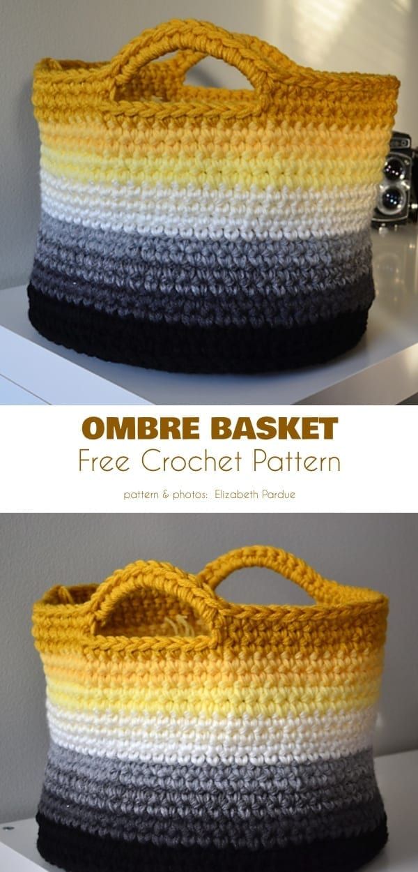 an ombree basket is shown with two different colors and the handles are yellow, gray