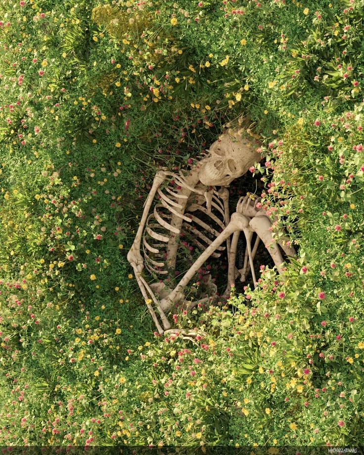 a skeleton sitting in the middle of some flowers