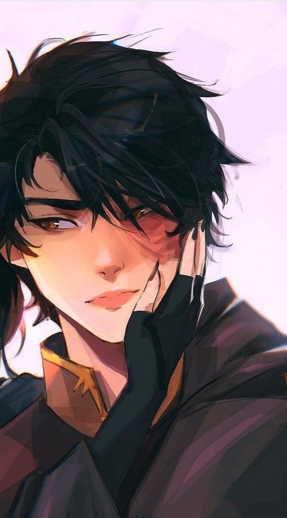 an anime character with black hair and brown eyes looking to his left, wearing a dark coat