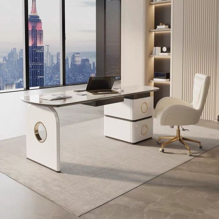 an office with a desk, chair and laptop in front of a large window overlooking the city