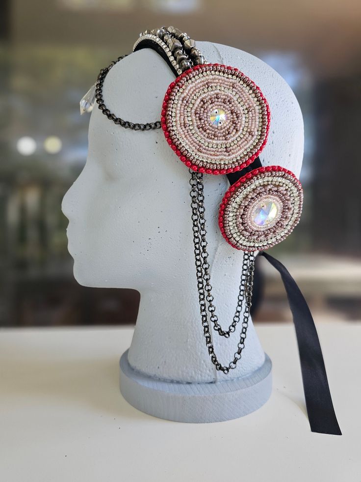 Ready to ship! 🌸 New handmade tribal fusion headdress with four beaded medallions. ✨ This is a beautiful gift not just for Tribal Bellydancers but for everyone who loves vintage aesthetic!!  Perfect for performances, costumes, captivating photoshoots, and more. 🧵 Every medallion is made by me, using soft pink, brown and red czech beads, shiny strass and  crystal rhinestones. 📏  Size: 16.3 inches 🎨 The color settings of your monitor may differ from the actual color of the product. Thank you for exploring my store. Embrace the beauty and enjoy! 🌺✨ Beaded Festival Headband, Beaded Headband For Festivals, Festival Beaded Headband, Adjustable Embellished Festival Headpieces, Festival Adjustable Embellished Headpieces, Bohemian Carnival Headband, Bohemian Beaded Headpieces For Carnival, Red Bohemian Headpiece For Party, Bohemian Headpieces For Carnival Festival