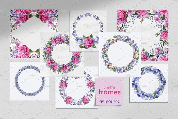 wedding frames with pink roses and blue flowers on white paper, set of 8 pieces