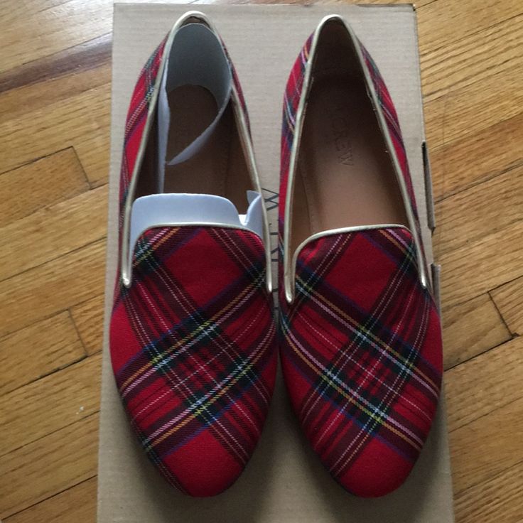 Red Plaid Loafers. New, Never Worn. Red Flat Slip-ons With Leather Sole, Fall Loafers With Red Sole And Closed Toe, Closed Toe Loafers With Red Sole For Fall, Fall Flats With Red Sole And Round Toe, Red Slip-ons With Round Toe For Fall, Classic Round Toe Slippers For Fall, Red Slip-on Low-top Loafers, Red Fall Slip-ons, Red Round Toe Loafers For Fall