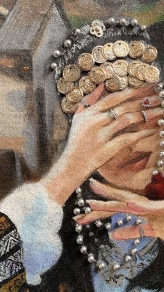 a painting of a woman covering her face with coins