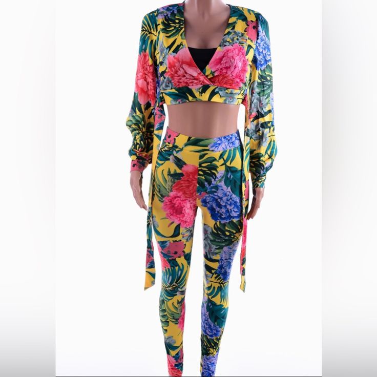 Women’s Banjul Open Sleeve Print Top & Leggings Set-Yellow 93% Polyester 7% Spandex Lightweight/Stretchable Material Crop Top Print/Tie Waist Wrap Yellow Casual Sets With Floral Print, Casual Yellow Floral Print Sets, Casual Yellow Sets With Floral Print, Yellow Casual Floral Print Sets, Fitted Yellow Pants For Vacation, Fitted Yellow Floral Print Pants, Vibrant Yellow Bottoms For Spring, Yellow Stretch Sets For Spring, Multicolor Stretch Sets For Vacation