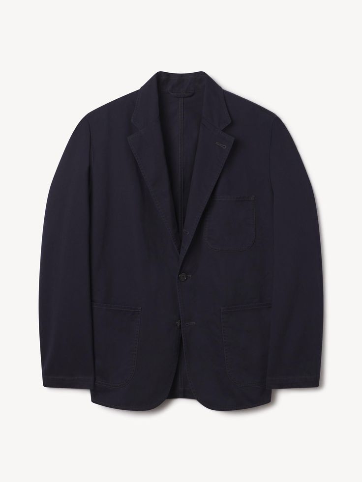 Space Blue Shuttle Sateen Carry On Jacket - Buck Mason- Modern American Classics Navy Sport Coat With Patch Pockets For Work, Casual Tailored Outerwear With Pressed Crease, Blue Suits With Patch Pockets For Work, Blue Sport Coat With Patch Pockets For Work, Business Cotton Blazer With Concealed Placket, Navy Cotton Formal Blazer, Navy Cotton Blazer For Formal Occasions, Cotton Blazer With Concealed Placket For Business, Navy Tailored Cotton Blazer