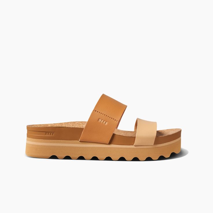 Women's Cushion Vista Hi Slides in Natural Duo | REEF® Summer Casual Footbed Sandals With Lug Sole, Casual Summer Footbed Sandals With Lug Sole, Synthetic Open Toe Sandals With Lug Sole, Casual Synthetic Sandals With Lug Sole, Casual Sandals With Lug Sole For Spring, Outdoor Slide Sandals With Textured Sole, Casual Summer Sandals With Lug Sole, Casual Sport Sandals With Lug Sole For Spring, Leather Sport Sandals With Lug Sole