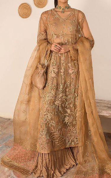 Sand Gold Net Suit -  Pakistani Chiffon Dresses Festive Reception Dress With Sheer Sleeves, Wedding Dress With Sheer Sleeves In Georgette, Unstitched Gold Dress With Sheer Dupatta, Gold Georgette Dress With Sheer Dupatta, Beige Floor-length Dress With Sheer Dupatta, Beige Floor-length Dresses With Sheer Dupatta, Party Beige Georgette Salwar Kameez, Beige Anarkali Dress In Georgette, Beige Anarkali Dress In Organza