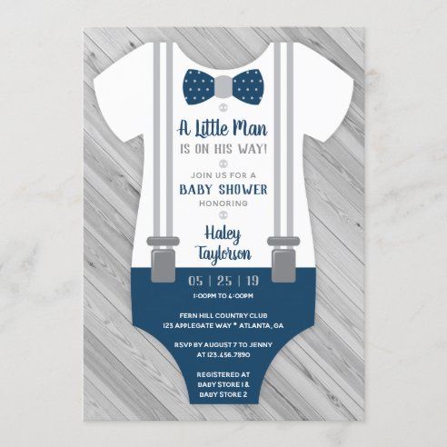 a little man is on his way baby shower card with suspenders and bow tie