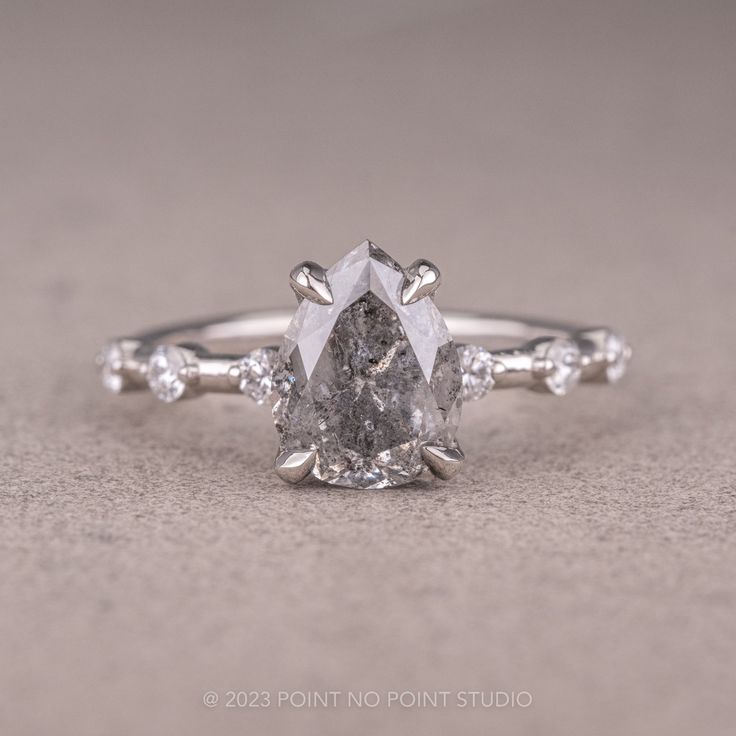 salt and pepper diamond engagement ring Pear Diamond Engagement Ring, Unique Diamond Rings, Unique Diamonds, Pear Diamond, Ring Band, Engagement Ring Settings, Brilliant Cut Diamond, Diamond Engagement Ring, Salt And Pepper