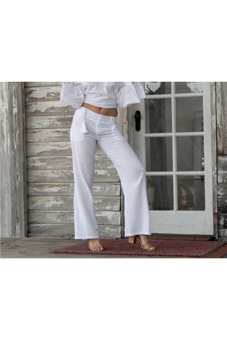 White Cotton Natural long pants with flirty tassel. This stylish look is made from the finest hand-picked Peruvian Pima Cotton. Soft, comfortable and breathable. Summer Cotton, Long Pants, Hand Picked, Pima Cotton, White Cotton, Your Perfect, Perfect Fit, Pants, White