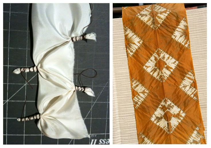 two pictures one with an orange and white tie, the other with brown and white fabric