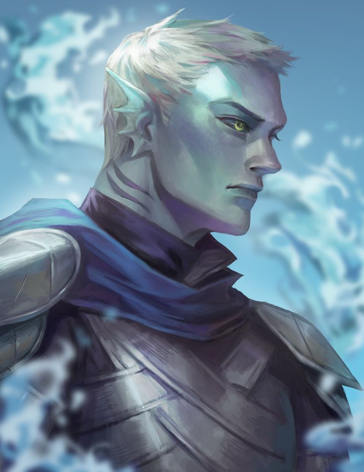 an image of a man with white hair and blue eyes wearing armor in the water