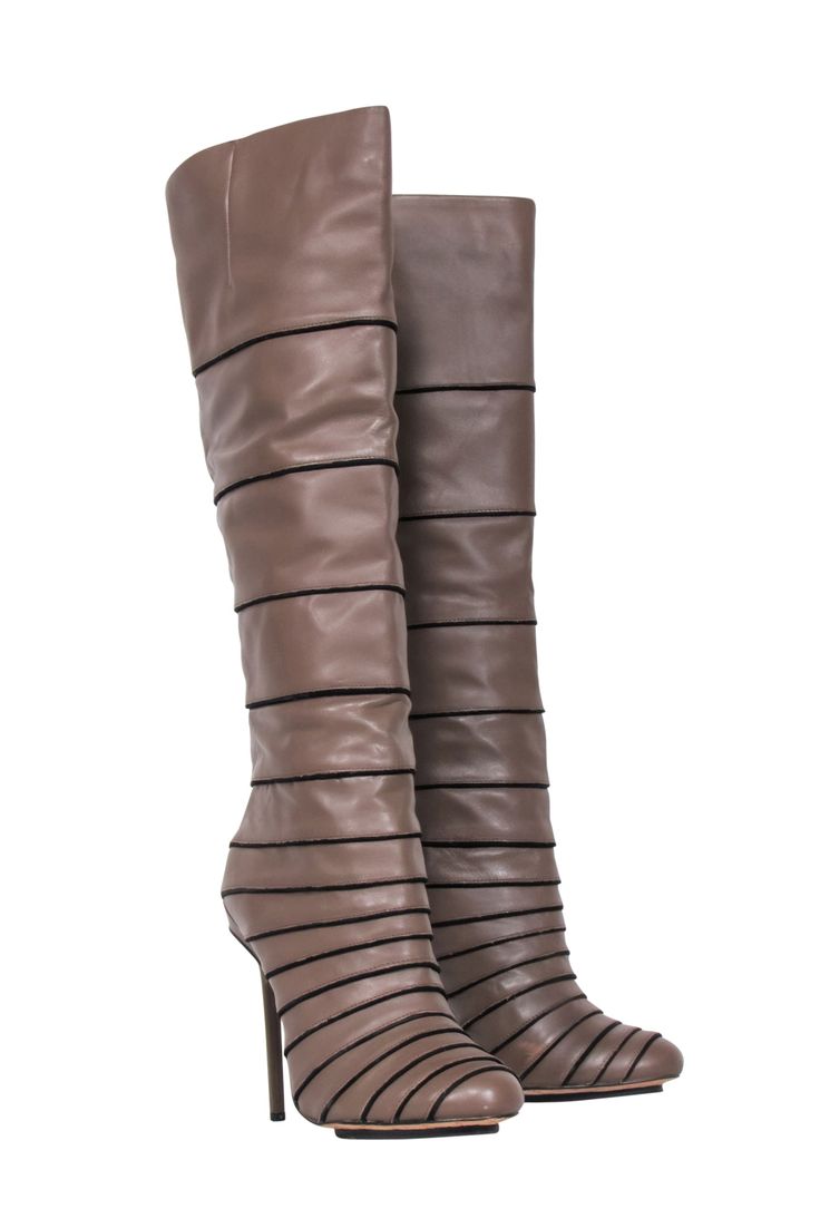 Current Boutique-L.A.M.B. - Brown Leather Knee High Boots Sz 9.5 Beige Formal Heeled Boots For Winter, Beige Heeled Boots For Winter Formal, Beige Heeled Boots For Formal Winter Events, Beige Heeled Boots For Formal Winter Occasions, Beige Formal Boots For Winter, Formal Beige Faux Leather Boots, Beige Faux Leather Formal Boots, Beige Leather Knee-high Winter Boots, Chic Brown Winter Boots