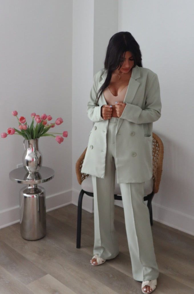 Chic sage wide leg pants. Has front seam, side pockets and faux back pockets. Matching blazer sold separately. 95% polyester & 5% spandex Size reference: S (US 2-4) M (US 6-8) L (US 10-12) Spring Solid Tailored Pantsuit, Tailored Solid Color Spring Pantsuit, Spring Tailored Solid Color Pantsuit, Chic Solid Color Suits For Spring, Chic Fall Suits With Wide-leg Pants, Chic Wide-leg Suits For Fall, Spring Straight Leg Blazer, Chic Solid Color Spring Suits, Tailored Straight-leg Spring Blazer