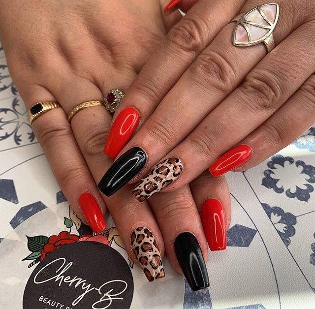 Red And Leopard Print Nails, Red And Black Leopard Nails, Red Leopard Print Nails, Red Black And Cheetah Nails, Burgundy Cheetah Nails, Leapord Nails Acrylic Red, Orange And Black Cheetah Nails, Leopard Nail Designs, Leopard Nail Art