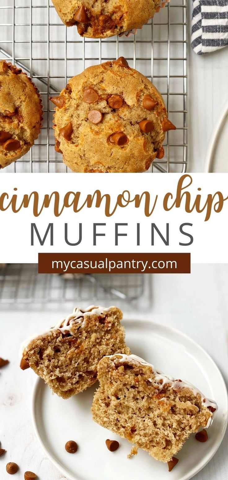 cinnamon chip muffins on a cooling rack with one cut in half and the other partially eaten