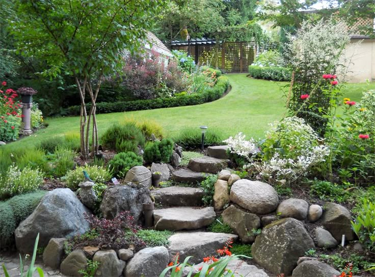 a garden with lots of rocks and flowers