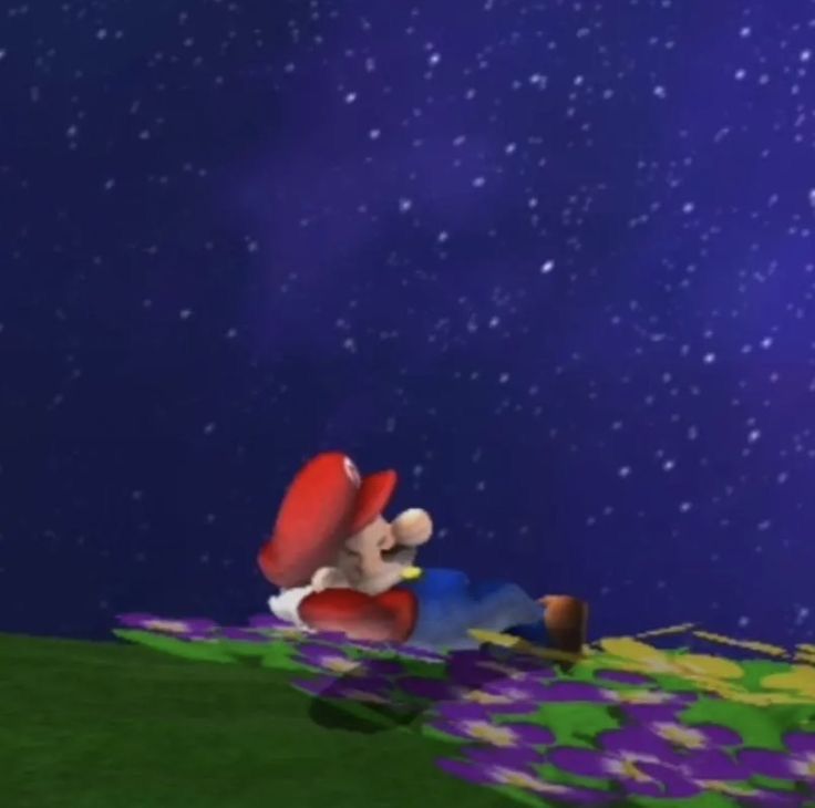 a cartoon character laying on the ground in front of a purple and blue sky with stars