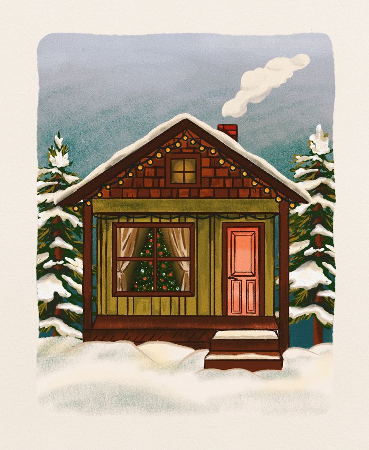 a drawing of a small house with a christmas tree in the window and snow on the ground