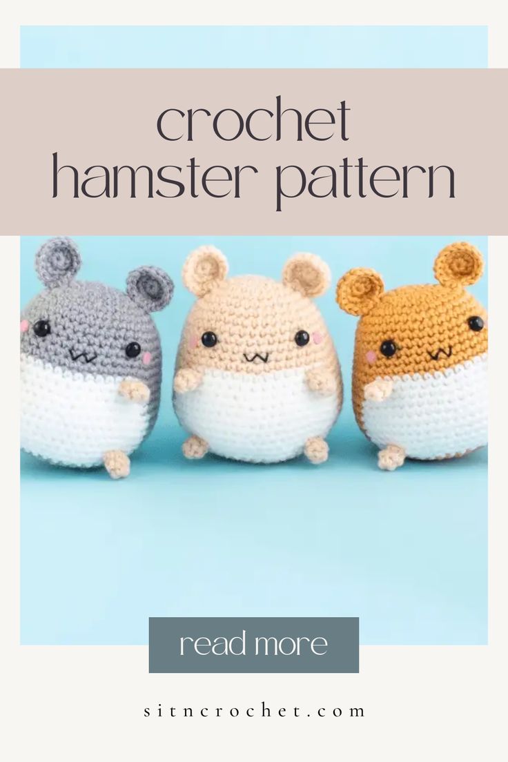 three small crocheted hamsters are sitting next to each other on a blue background