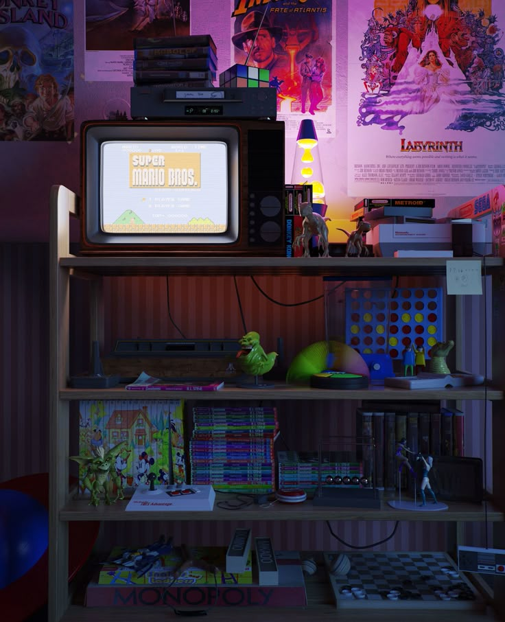 a television sitting on top of a wooden shelf next to a wall covered in posters