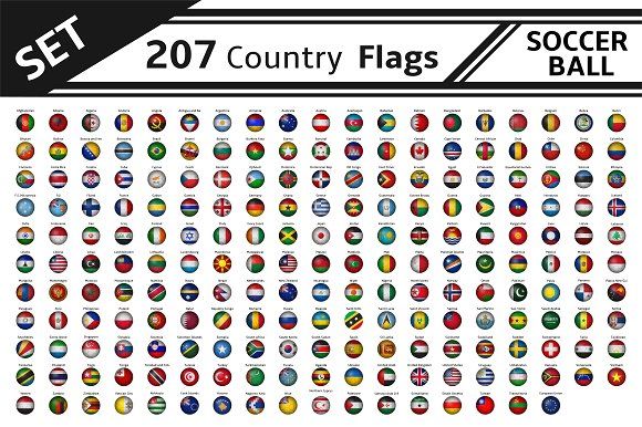 a large set of country flags in the shape of balls with names and colors on them