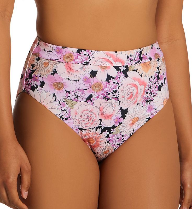 Pusher Banded High Leg/Rise Swim Bottom Multi L High-waisted swim bottom features a flowery print and high-cut leg openings for a flattering outline. Made of recycled polyester and spandex. Band is set into top of waist to emphasize hourglass shape, and has covered elastic at the rim for fit. Seamless rear. Leg openings curve over top of hips, with covered elastic hems to retain fit. High rise. Full rear coverage. Fabric info tags at inner back of waist. Completely lined with sleek microfiber, w Floral Print Stretch Bottoms For Pool, Stretch Floral Print Bottoms For Pool, Beach Stretch Bottoms With Floral Print, Stretch Floral Print Beach Bottoms, Poolside Floral Print Fitted Bottoms, Floral Print Fitted Bottoms For Poolside, High Waist Floral Print Swimwear For Swimming, High Waist Floral Print Stretch Swimwear, High Waist Stretch Floral Print Swimwear