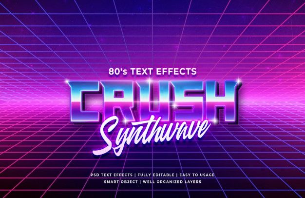 the 80s text effect is shown in purple and pink tones with an abstract grid pattern