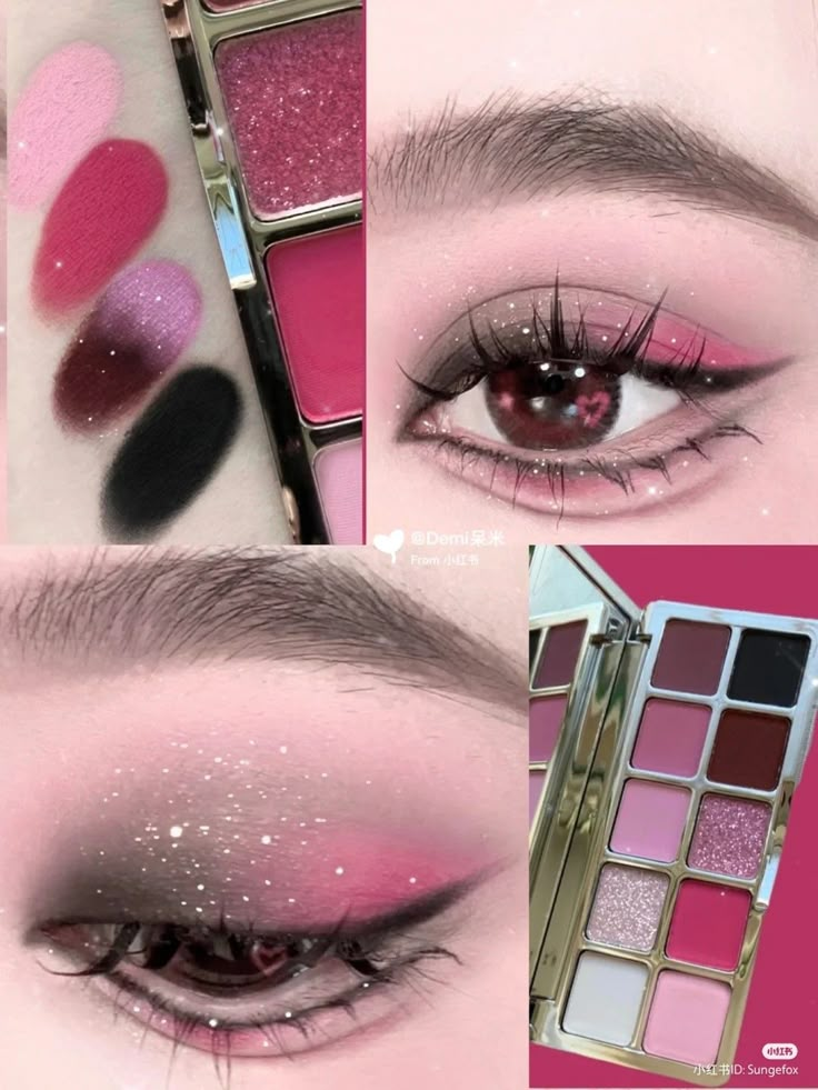 Pink Black Eye Makeup, Black Pink Inspired Makeup, Pink Black And White Makeup, Pink Black Makeup, Black And Pink Makeup, Pink Korean Eye Makeup, Pink And Black Makeup, Makeup Pink Aesthetic, Pink Goth Eye Makeup