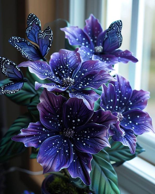 purple flowers with butterflies on them in a vase near a window sill and potted plant