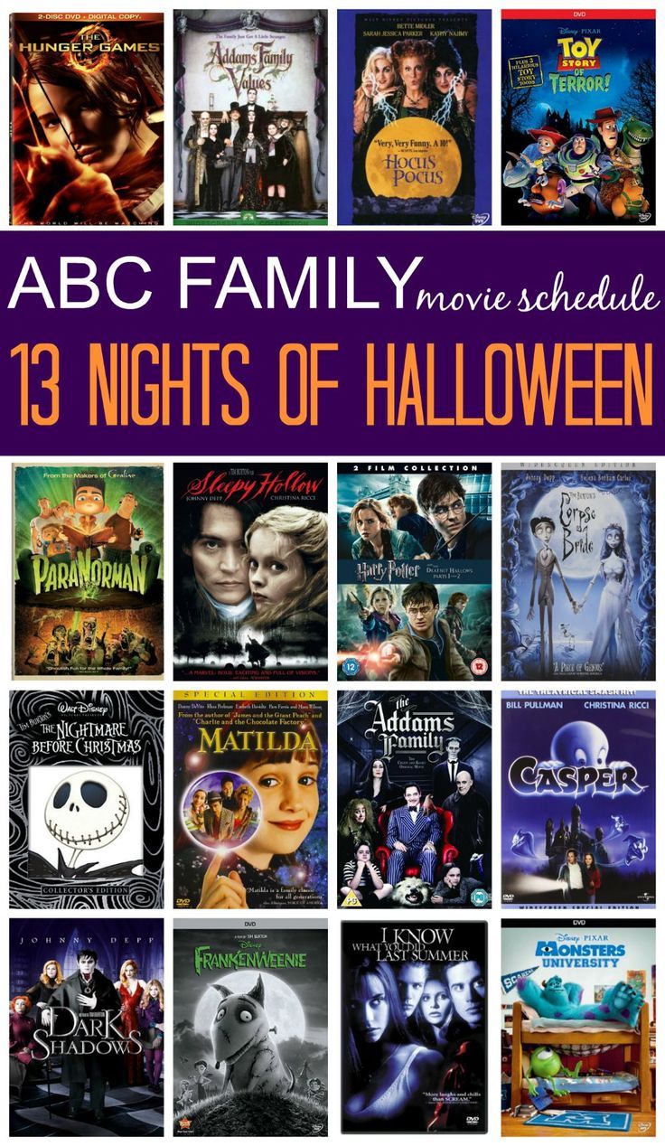 the abc family movie schedule for halloween is featured in this image with text overlay