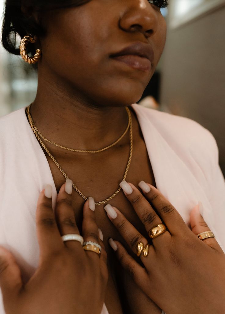 Experience double the joy with the Leya necklace. It's our thinnest and longest chain, adding a flattering touch to any outfit, whether it's clothing or bare skin. The French rope chain of Leya is a must-have for everyone! Features: 18k Gold over Stainless Steel Width: 2mm & 3mm Length: 19” with 2” Extender Weight: 0.5 oz Hypoallergenic | Nickel and Lead-Free Anti-tarnish E-coating At Südara, we are committed to providing our customers with beautiful, versatile jewelry of the utmost excellence. Versatile Jewelry, Bare Skin, Long Chain, Rope Chain, High Quality Jewelry, How To Feel Beautiful, For Everyone, 18k Gold, Jewelry Design