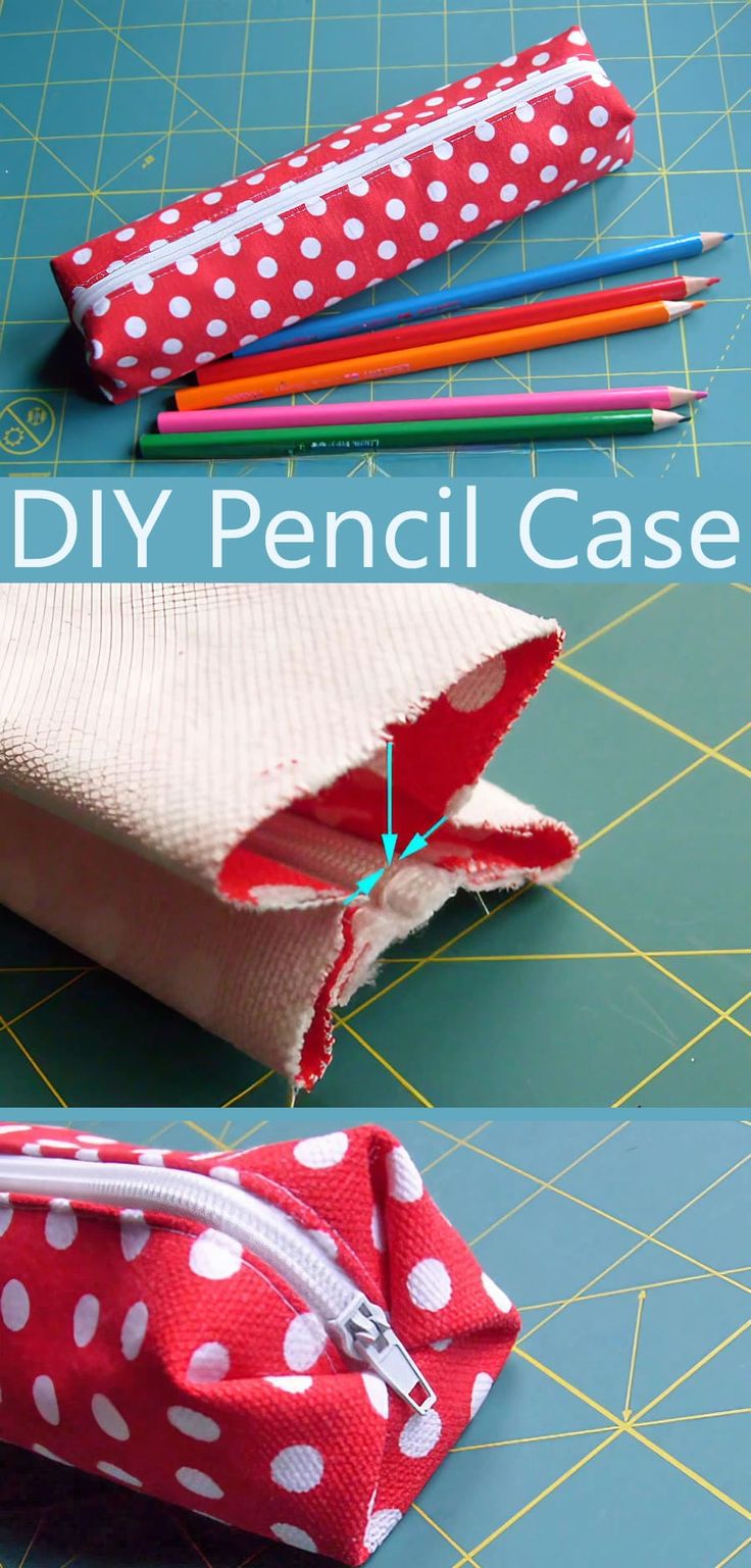 the pencil case is made from fabric and has white polka dots on it, along with several colored pencils