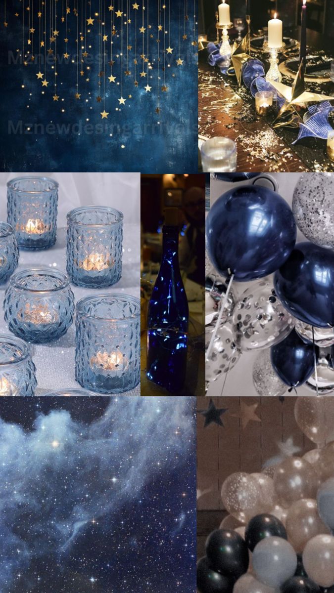 the collage is filled with balloons, candles and stars