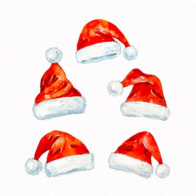 four red santa hats on top of each other in watercolor and white paper,