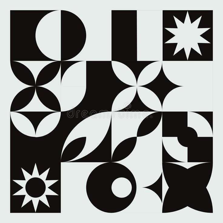 an abstract black and white design with stars, circles and shapes on a gray background royalty illustration