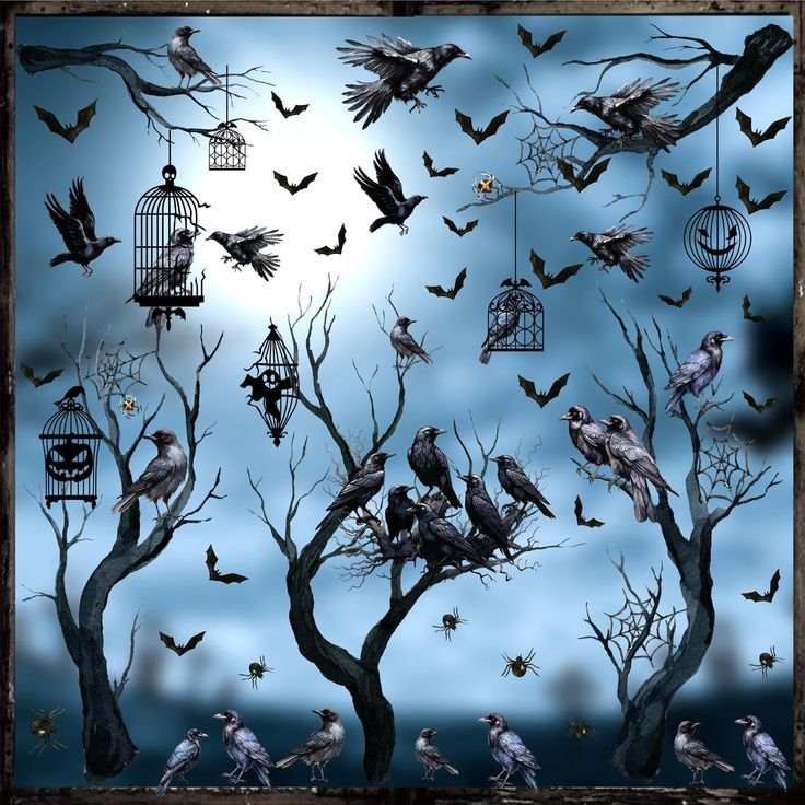 many birds are perched on the branches of trees in front of a full moon and blue sky