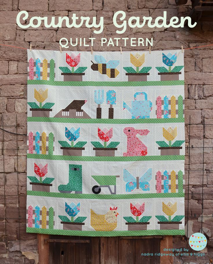 a quilted garden wall hanging on the side of a brick building with text overlay that reads country garden quilt pattern