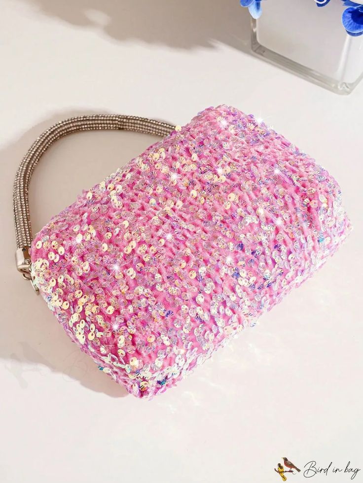 BirdinBag - Glamorous Sequin Mini Square Bag Trendy Party Satchel Bag, Trendy Party Tote Satchel, Trendy Party Tote Bag, Trendy Mobile Phone Bag For Parties, Trendy Tote Satchel For Party, Pink Rectangular Shoulder Bag With Single Handle, Trendy Party Bags With Top Carry Handle, Pink Satchel Evening Bag, Pink Handheld Evening Bag For Mobile Phone