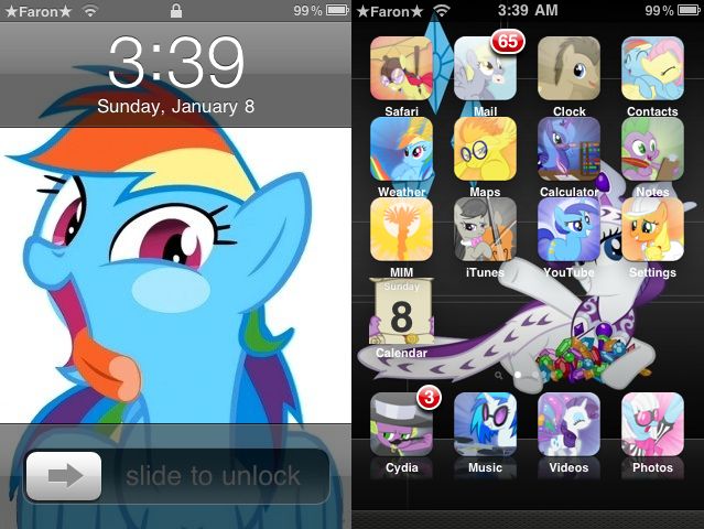 an iphone screen with the theme of my little pony on it's left side