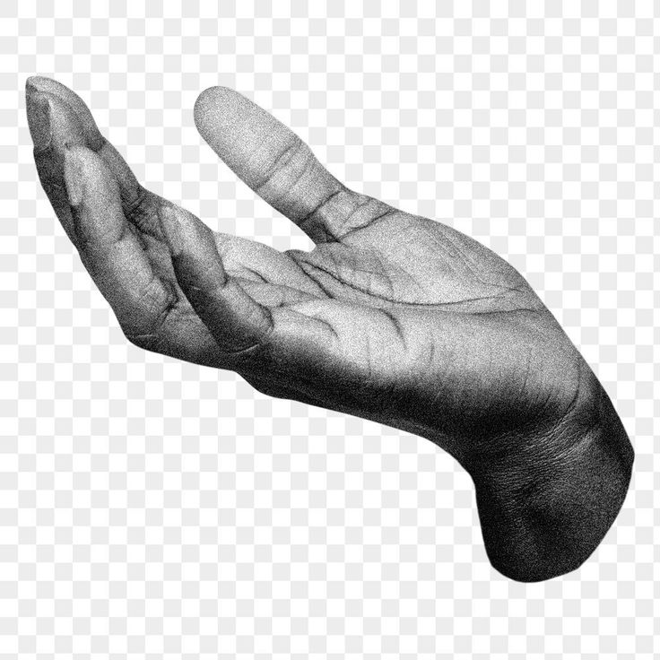 a black and white drawing of a hand holding something in it's right hand