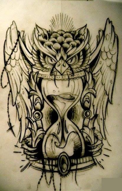 a drawing of an owl with wings on it's head and hourglass in the middle