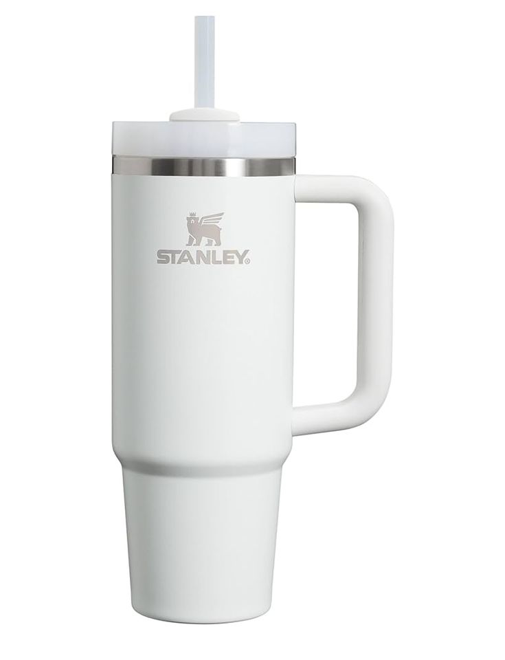 a white travel mug with a stainless steel lid and handle is shown in front of a white background