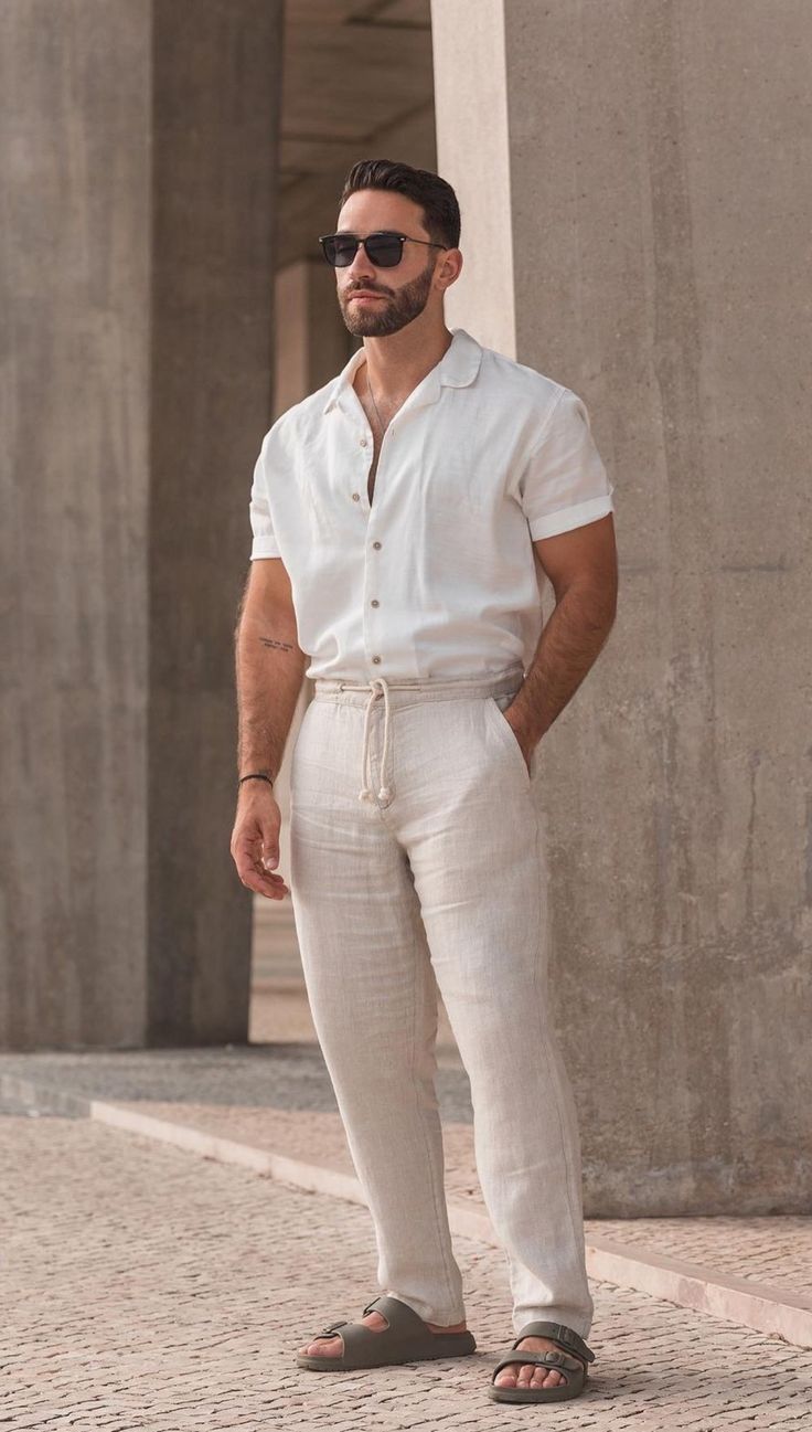 Men’s Linen Looks, Bali Wedding Mens Outfits, Linen Pants Men Outfit Summer, Quiet Luxury Fashion Men Summer, Portugal Outfits Men, Lenin Pants Outfit Men, Men’s Summer Outfits 2024, Men’s Linen Shirt, Summer Outfit Men 2024